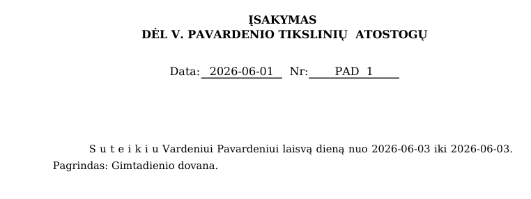 Šablono pagal pavadinimą spausdinimo formos vaizdas